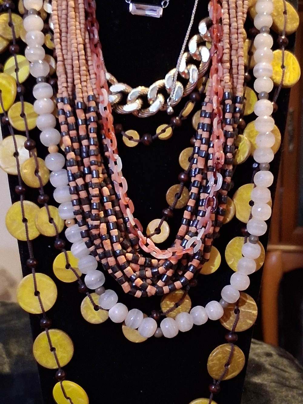 Vintage Costume Jewelry Lot 6pc Boho Statement Necklaces Mother of Pearl Wood